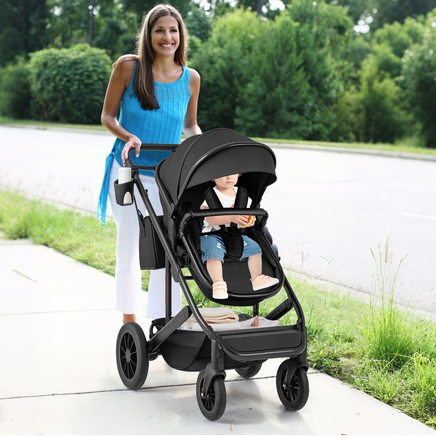 Carrito de bebé convertible 3 en 1 plegable con capazo desmontable - Negro
