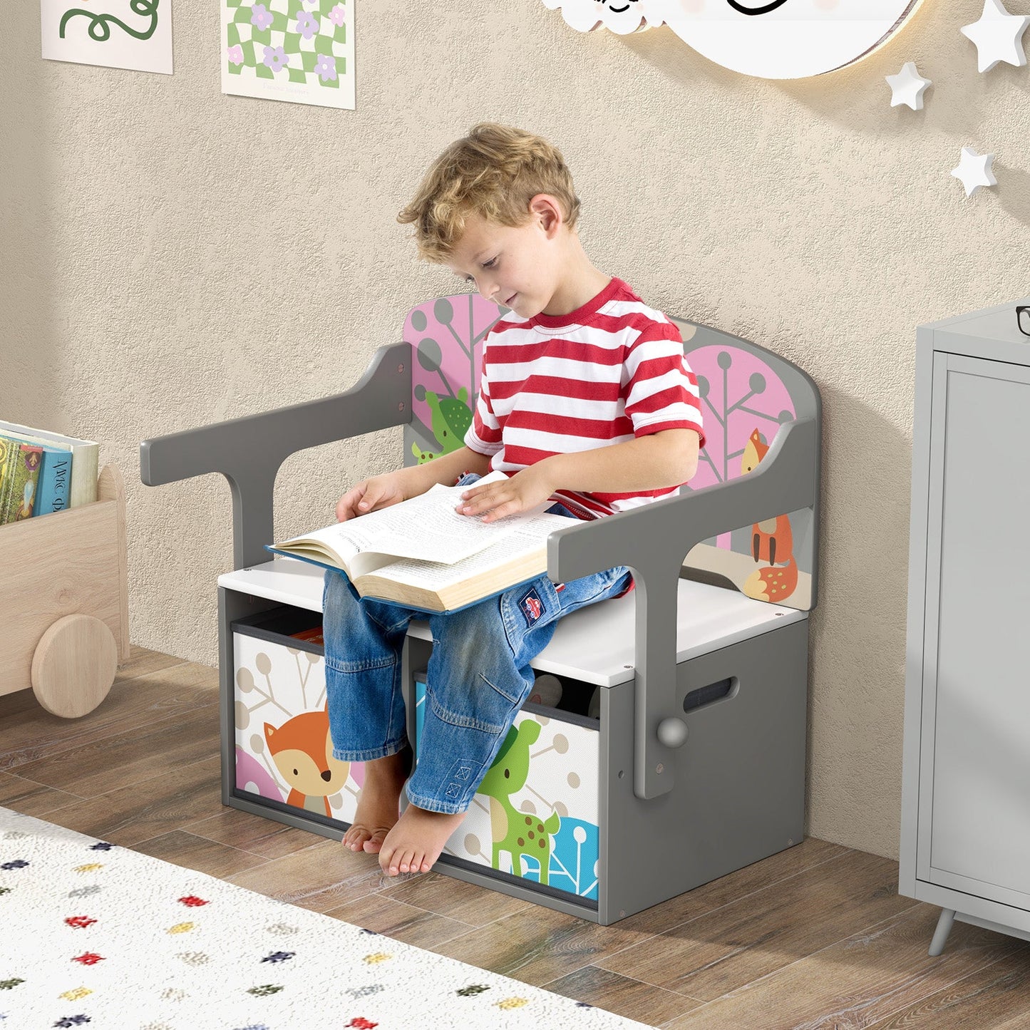 3 in 1 Kids Convertible Activity Bench with Storage - Gray