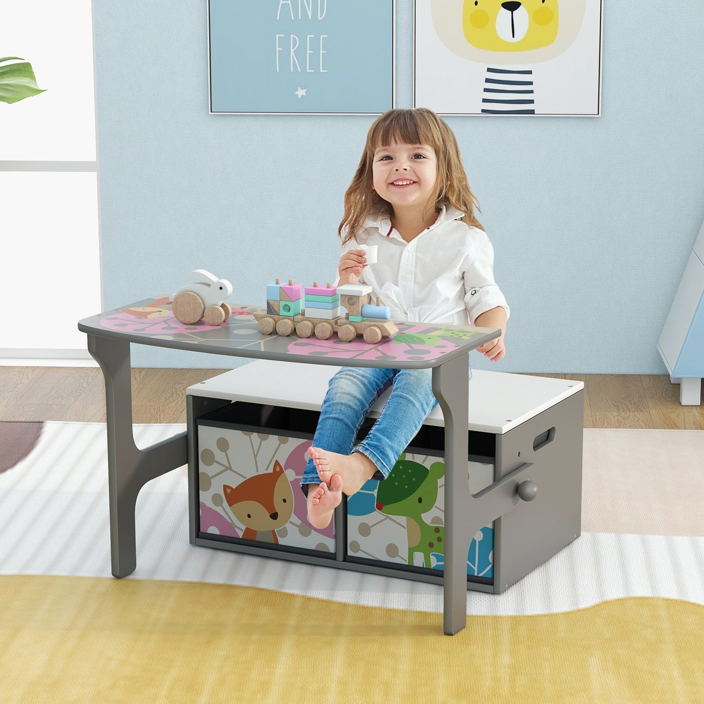 3 in 1 Kids Convertible Activity Bench with Storage - Gray