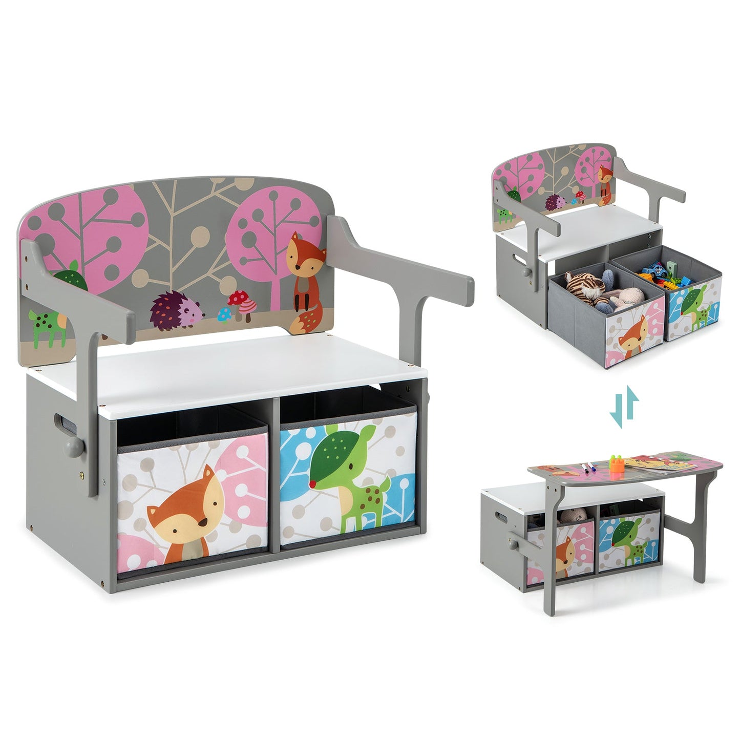 3 in 1 Kids Convertible Activity Bench with Storage - Gray