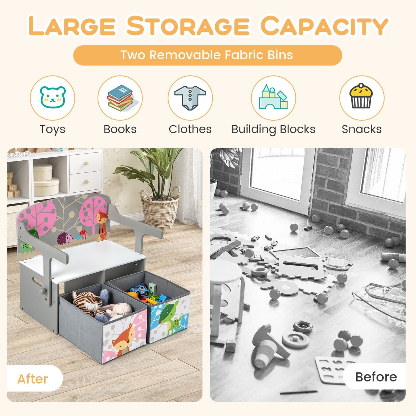 3 in 1 Kids Convertible Activity Bench with Storage - Gray