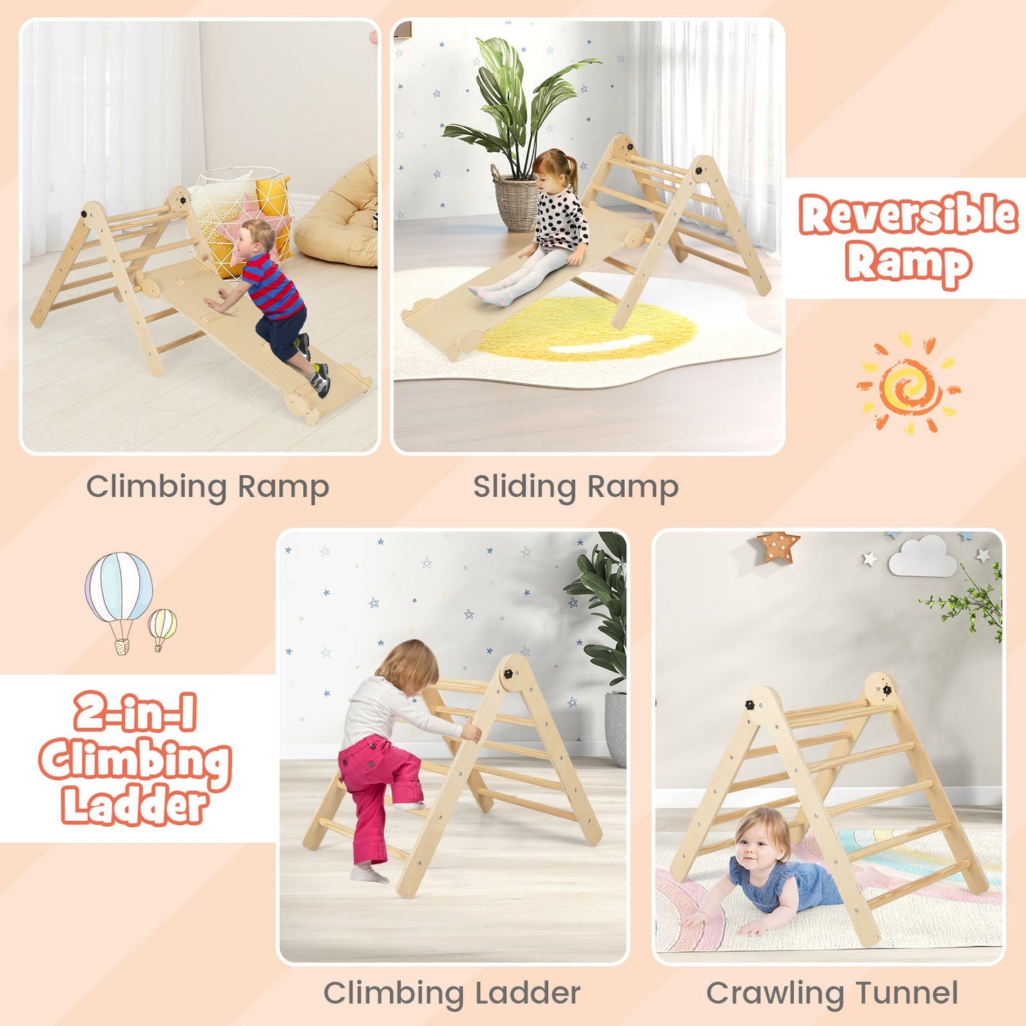 Ensemble d'escalade ajustable 3-en-1 pour enfants - Bois naturel
