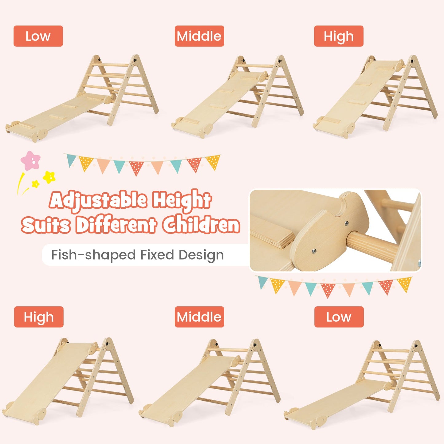Ensemble d'escalade ajustable 3-en-1 pour enfants - Bois naturel