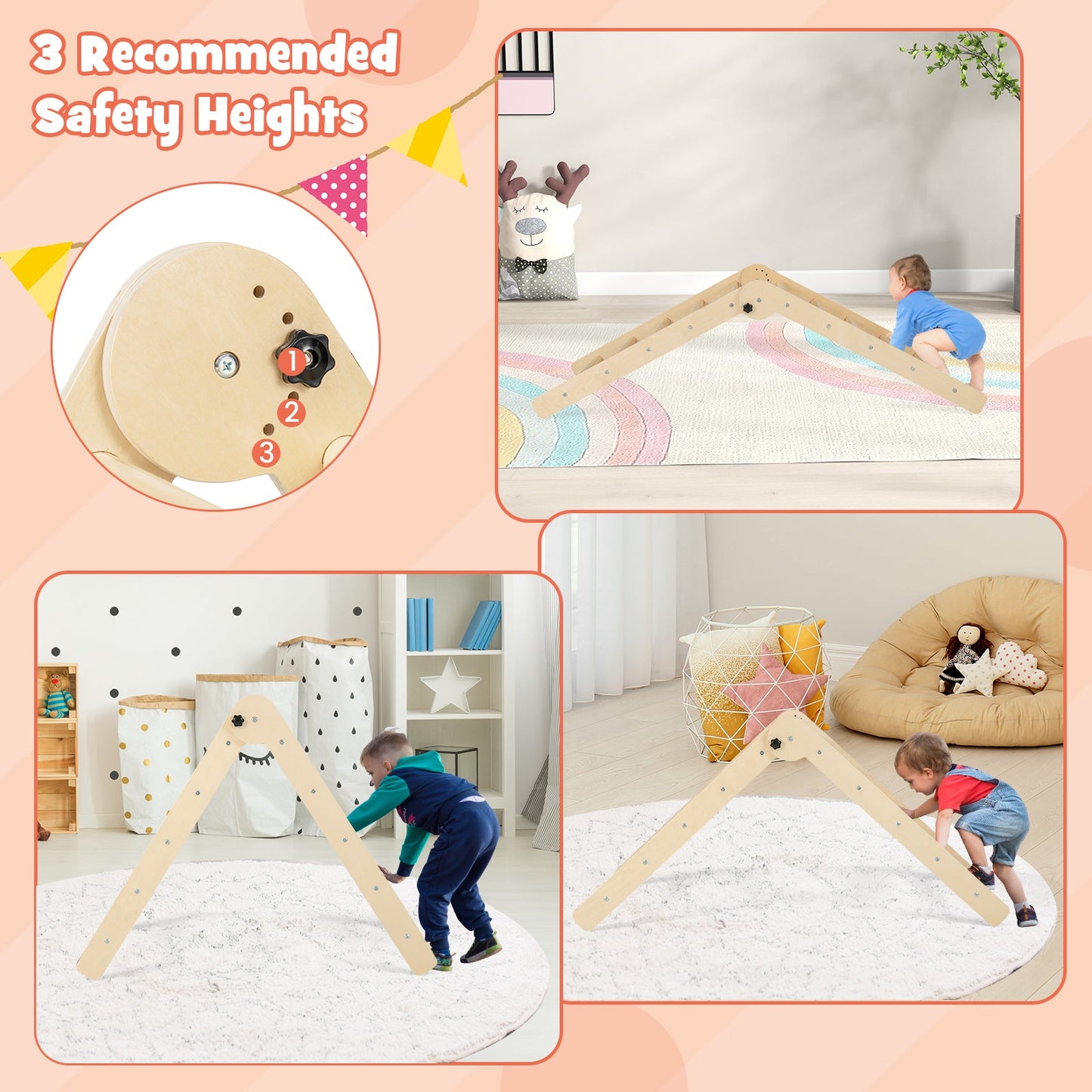 Ensemble d'escalade ajustable 3-en-1 pour enfants - Bois naturel