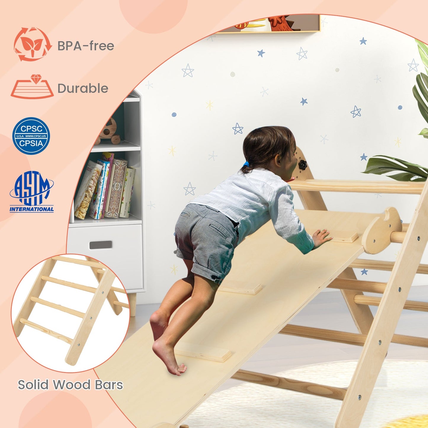Ensemble d'escalade ajustable 3-en-1 pour enfants - Bois naturel