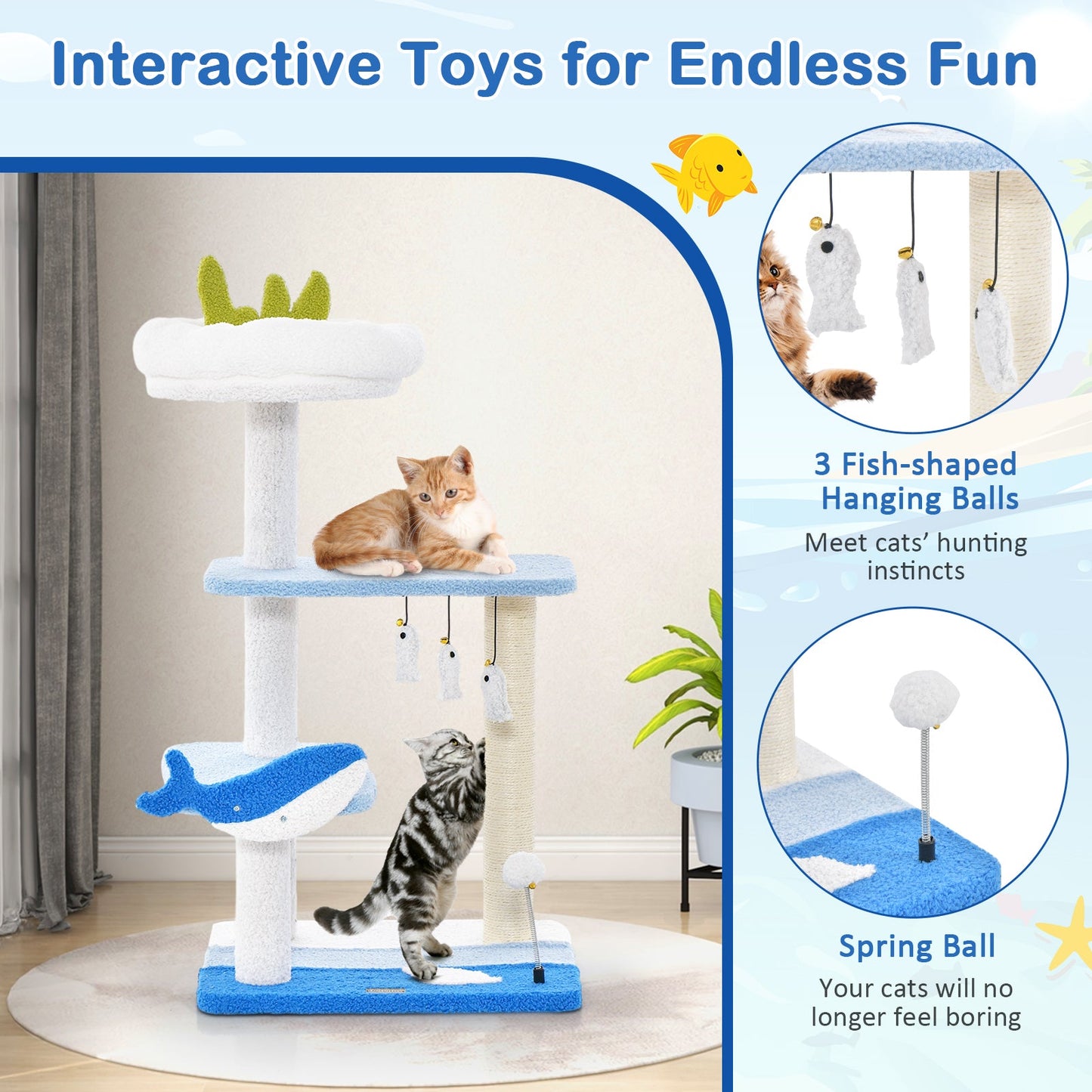 Torre para Gatos de 3 Niveles con Postes de Rascado de Sisal - Azul