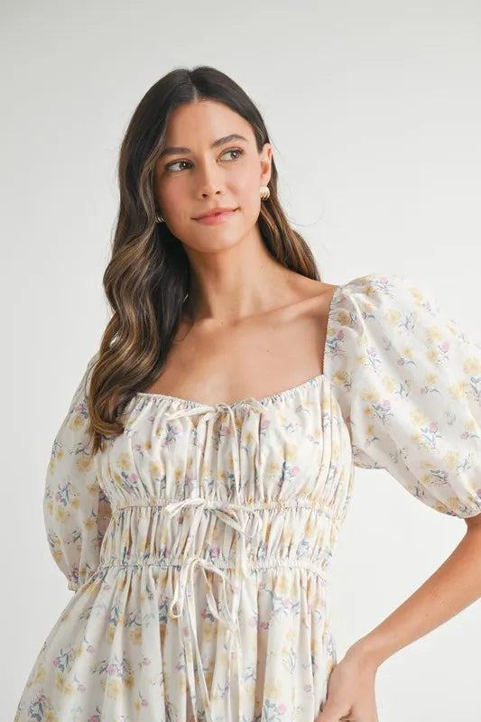 Floral Drawstring Detail Puff Sleeve Midi Dress
