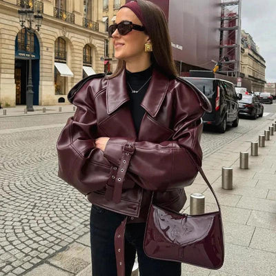 Loose Lapel Leather Jacket - Stylish Cropped Streetwear for Women