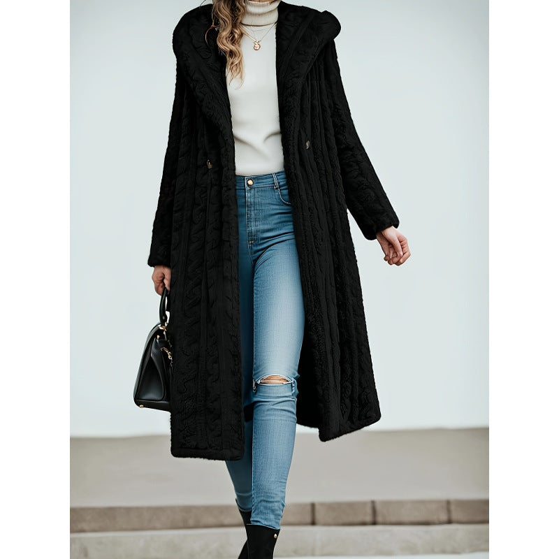 Elegant Long Sleeve Hooded Wool Women's Overcoat