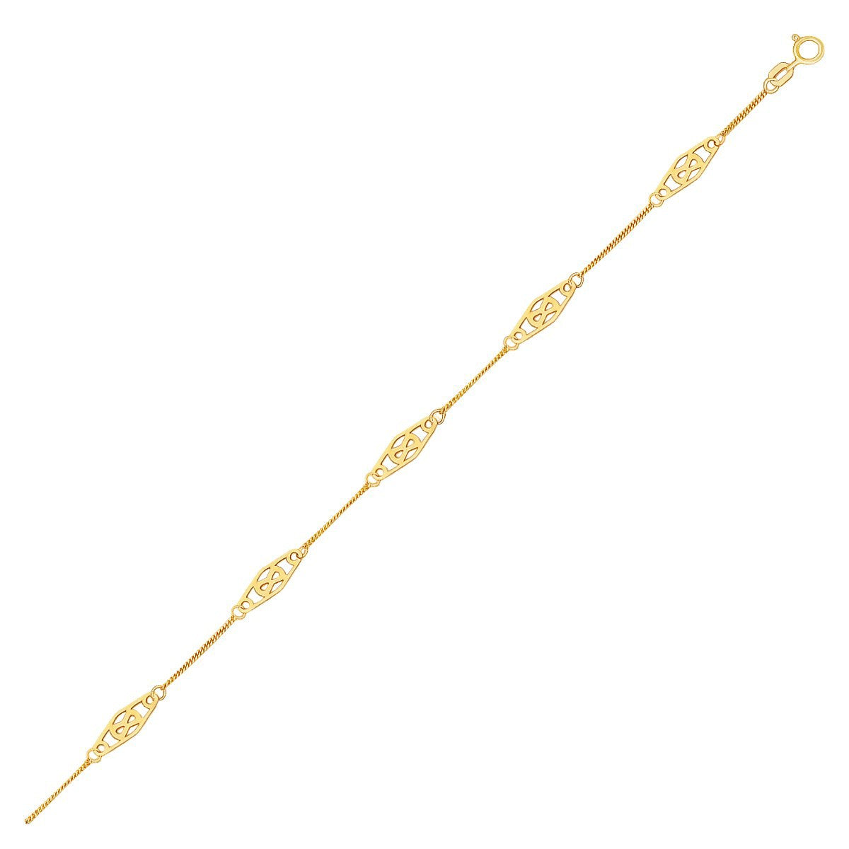 14k Yellow Gold Anklet with Filigree Diamond Shape Stations