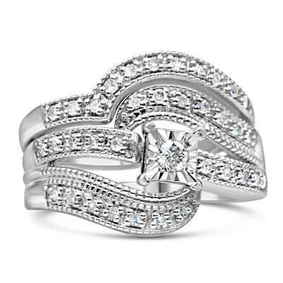 .925 Sterling Silver Crisscross Diamond Engagement Ring Bridal Set - Size 7