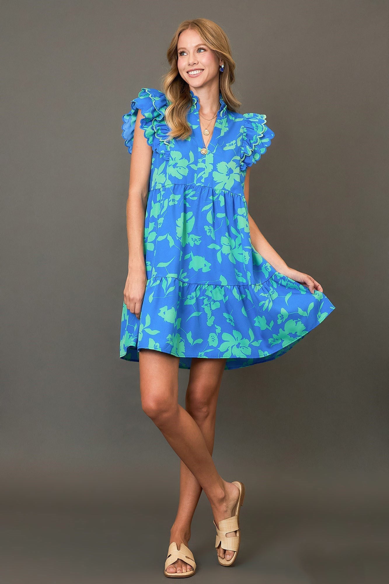 Robe Mini Imprimée Florale Bicolore Élégante Bleue