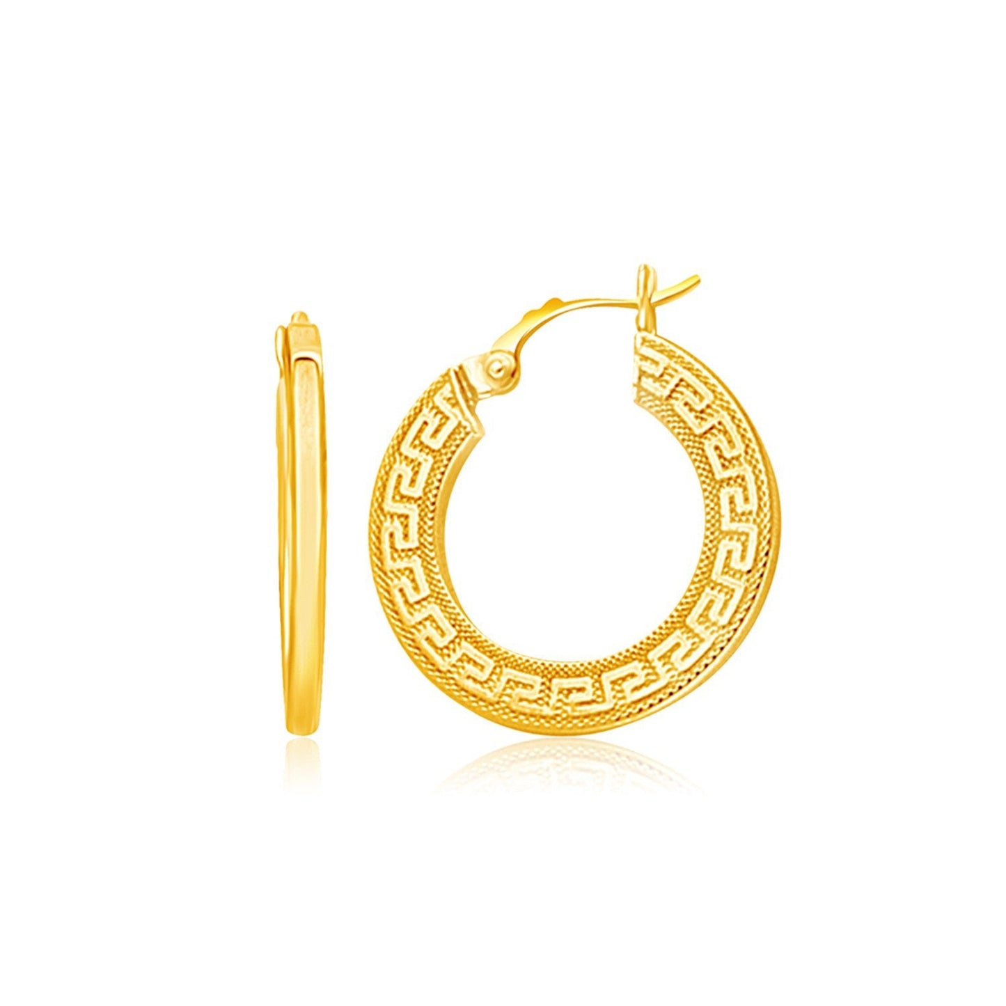 Boucles d'oreilles créoles médium en or jaune 14 carats avec motif grec