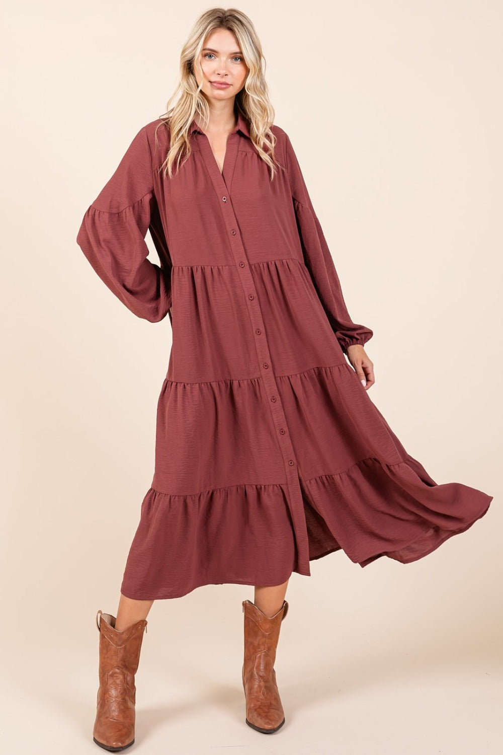 Vestido Midi de Manga Larga con Botones en Capas Elegante para Mujeres