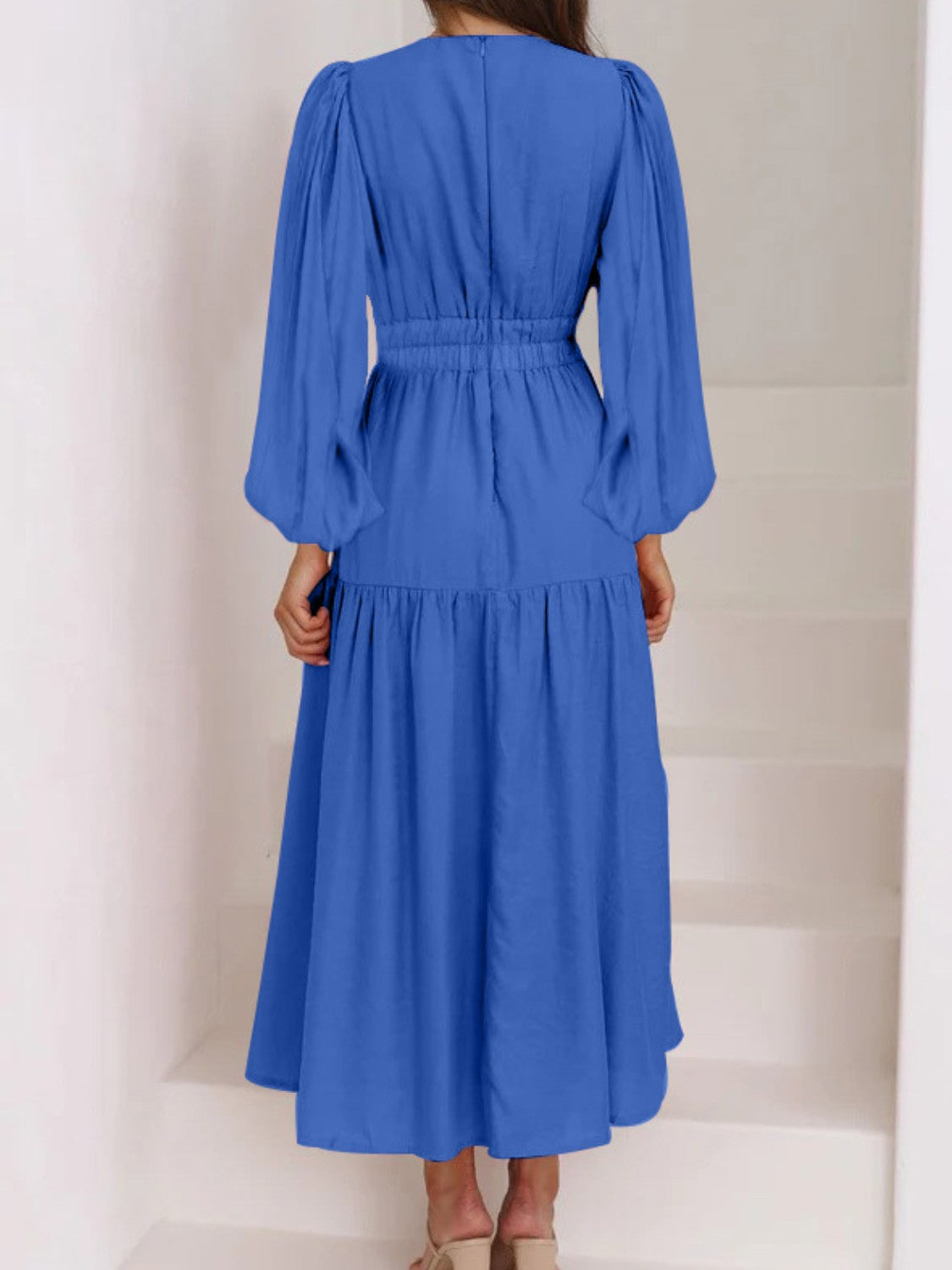 Elegant Lightweight Deep V-Neck Balloon Sleeve Maxi Dress