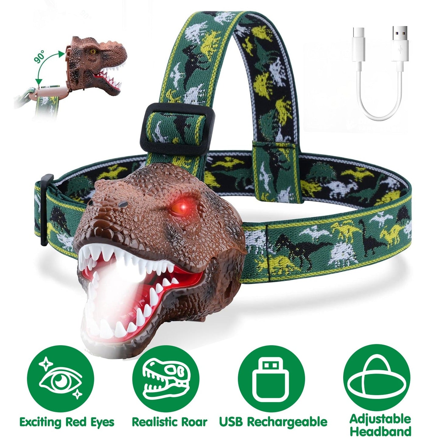 Dinosaur Headlamp for Kids - Adjustable Flashlight with Roar Sound