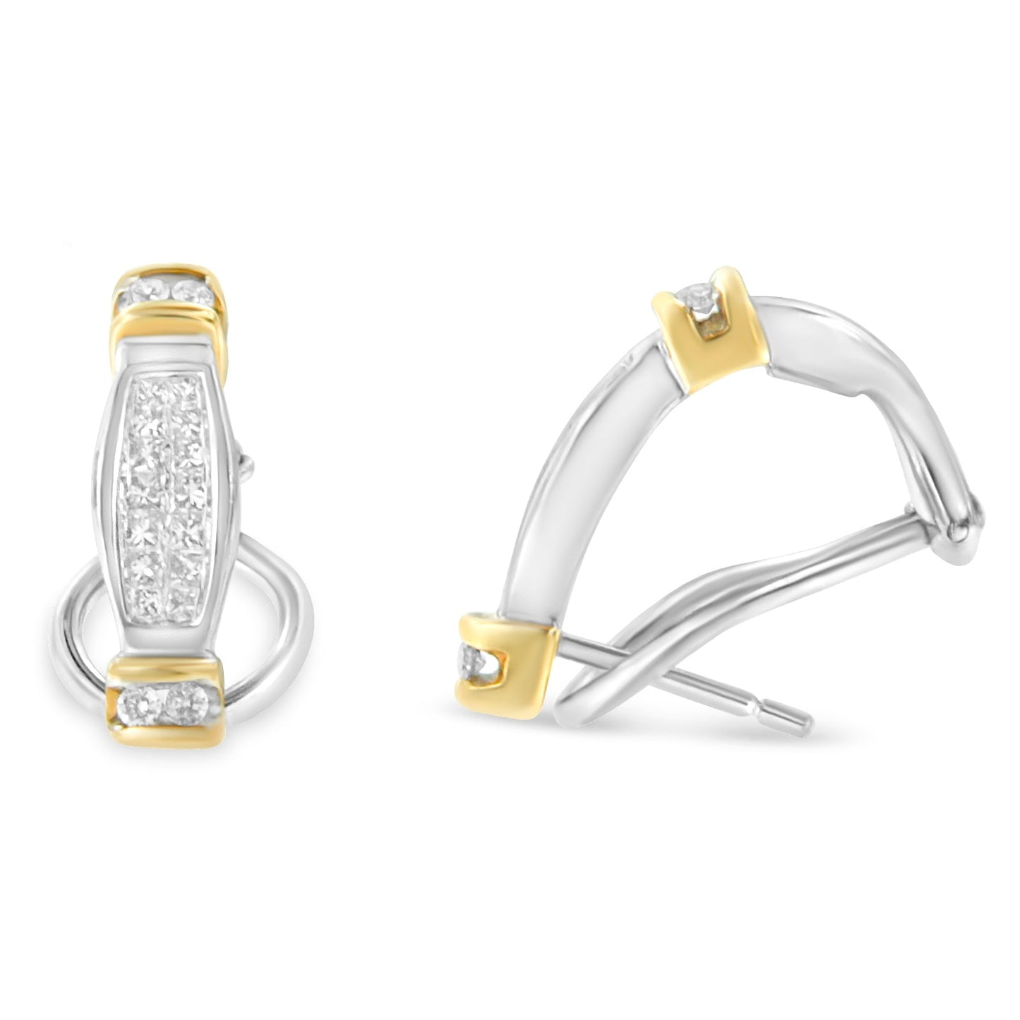 14K Two-Toned Gold Diamond Earrings with Round and Princess Cuts