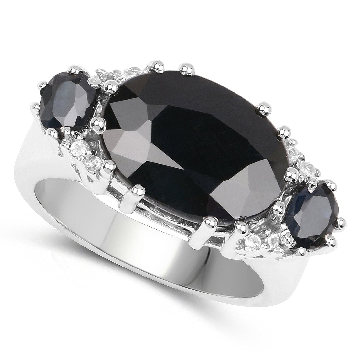 Bague en argent sterling avec saphir noir de 8,62 carats et topaze blanche