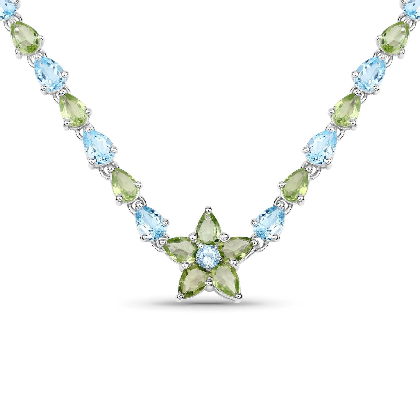 Collar de Topacio Azul y Peridoto Genuinos de 29.48 Quilates en Plata Esterlina
