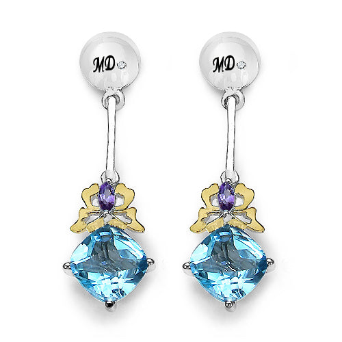 Pendientes de Topacio Azul y Amatista de 5.55 Quilates en Plata Esterlina