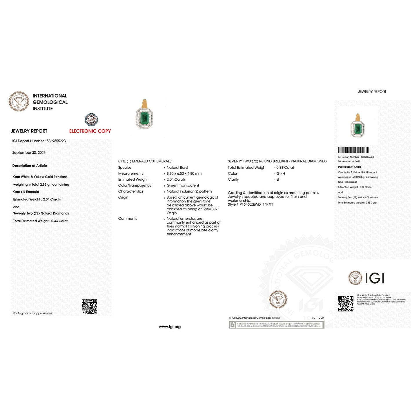 Colgante de Esmeralda Zambiana y Diamantes Certificado IGI de 2.37 Quilates en Oro de 14K