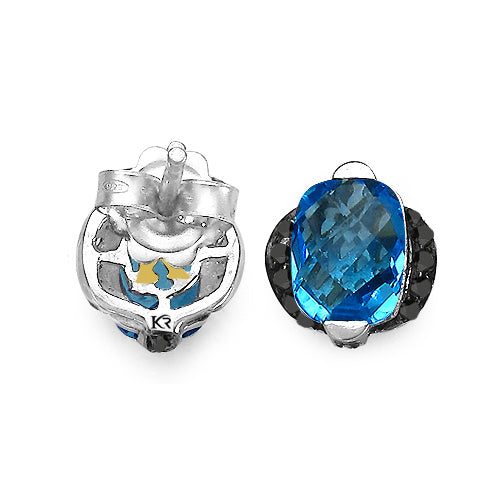 3.74 Carat Genuine Blue Topaz & Black Diamond Earrings