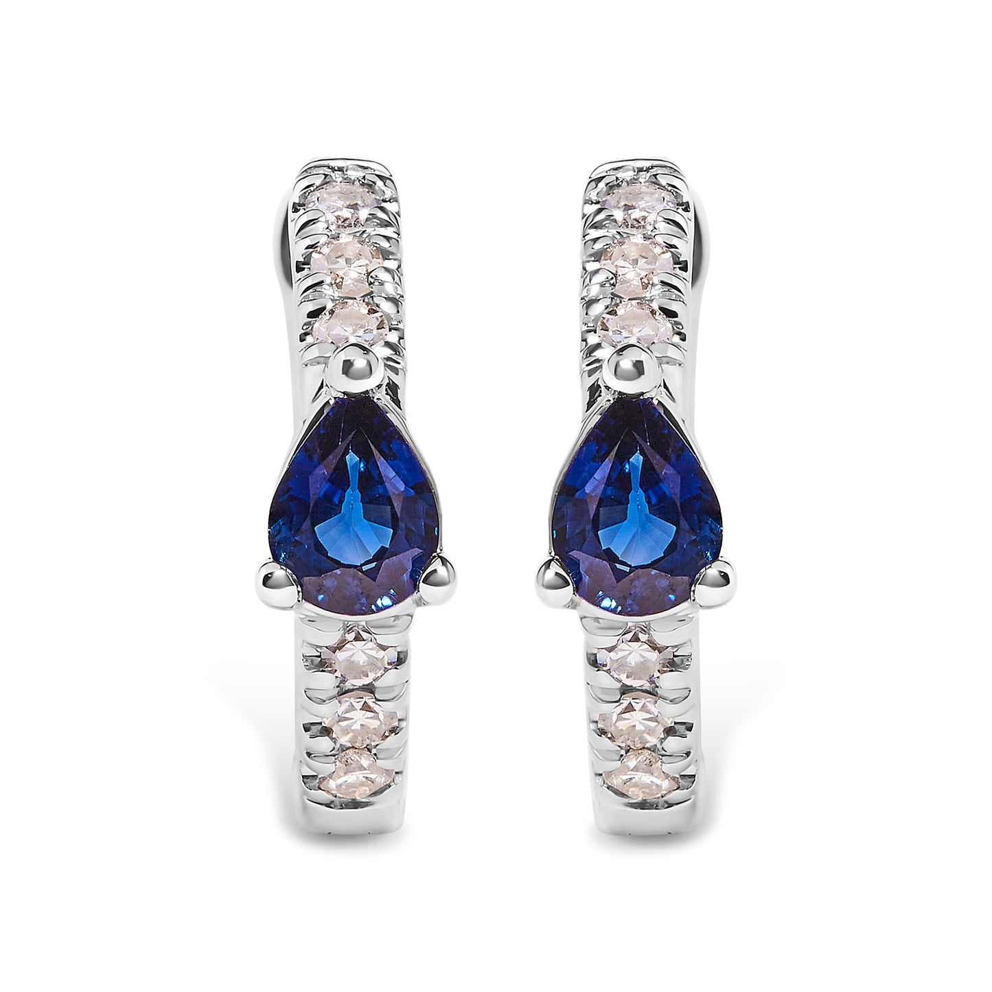 Boucles d'oreilles créoles en or blanc 10K avec saphir bleu en forme de poire et diamants