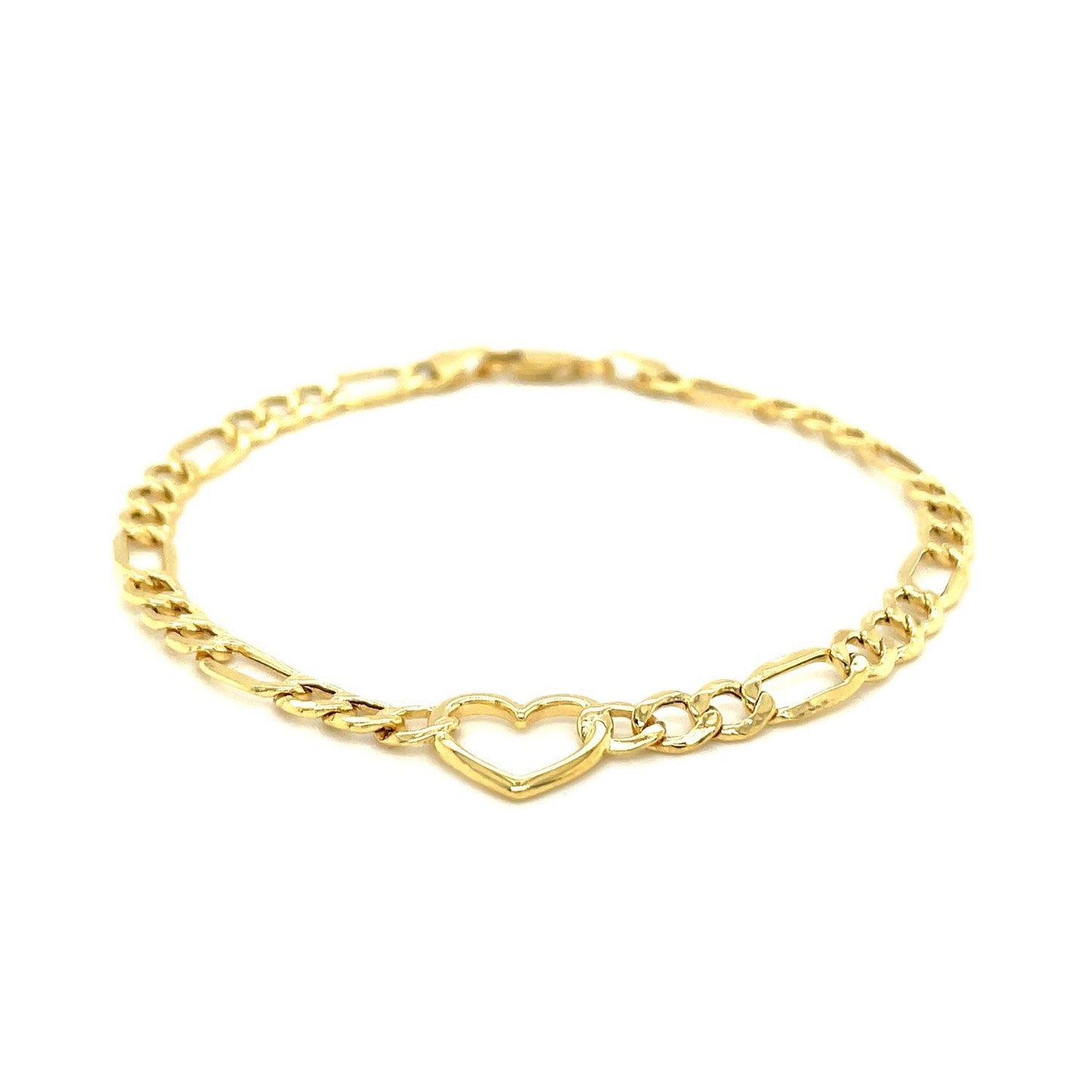 Pulsera de Cadena Figaro de Oro Amarillo de 14k con Corazón