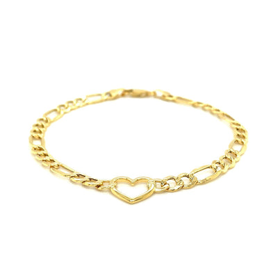 14k Yellow Gold Figaro Chain Bracelet with Heart