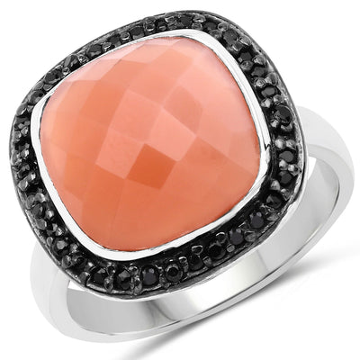 6.46 Carat Peach Moonstone & Black Spinel Sterling Silver Ring