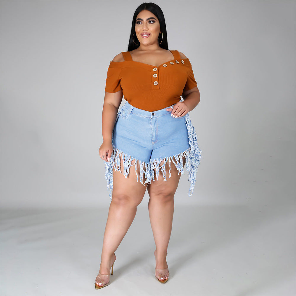 Retro High-Waisted Denim Shorts with Frayed Tassels