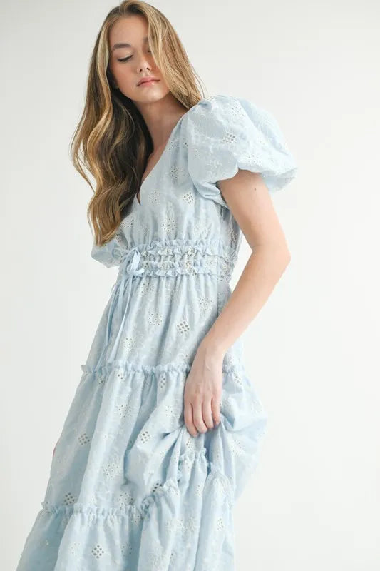 Elegant Eyelet Lace Puff Sleeve Midi Dress for Women