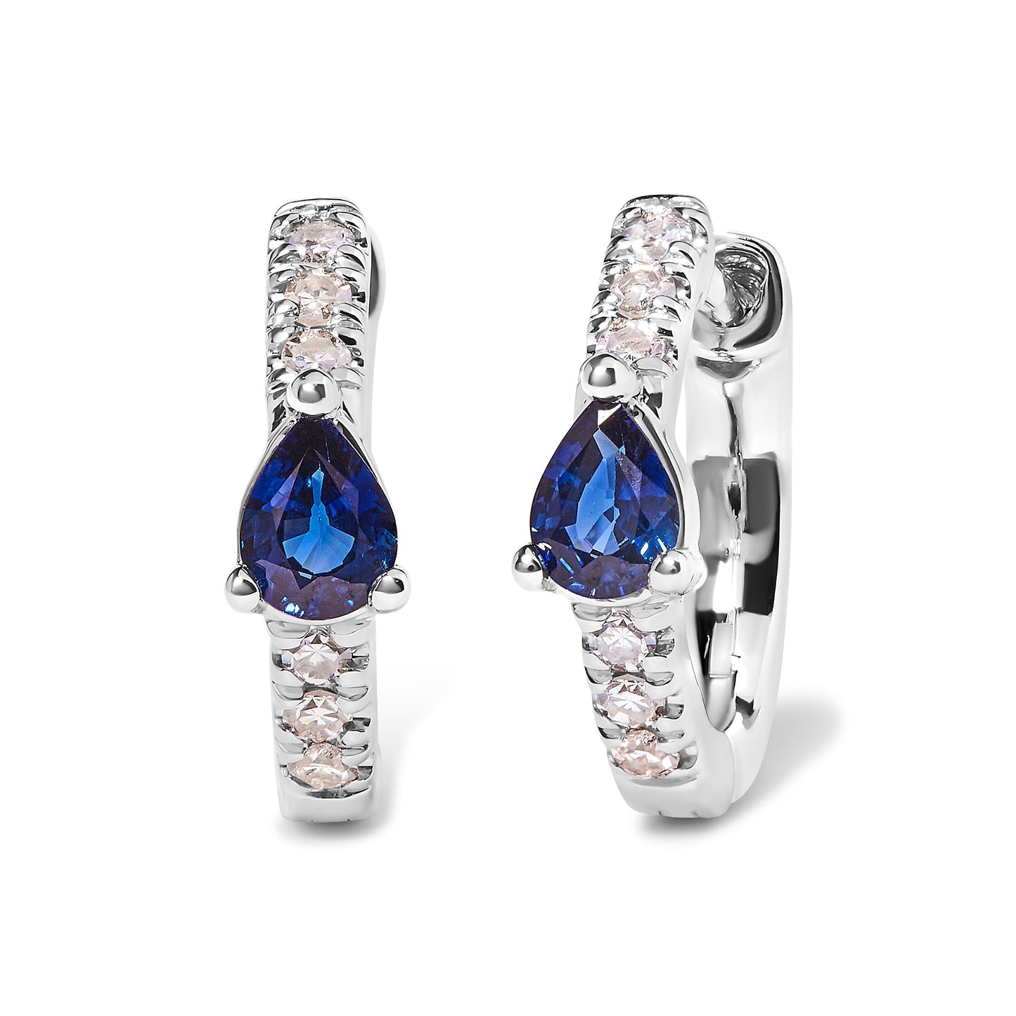 Boucles d'oreilles créoles en or blanc 10K avec saphir bleu en forme de poire et diamants