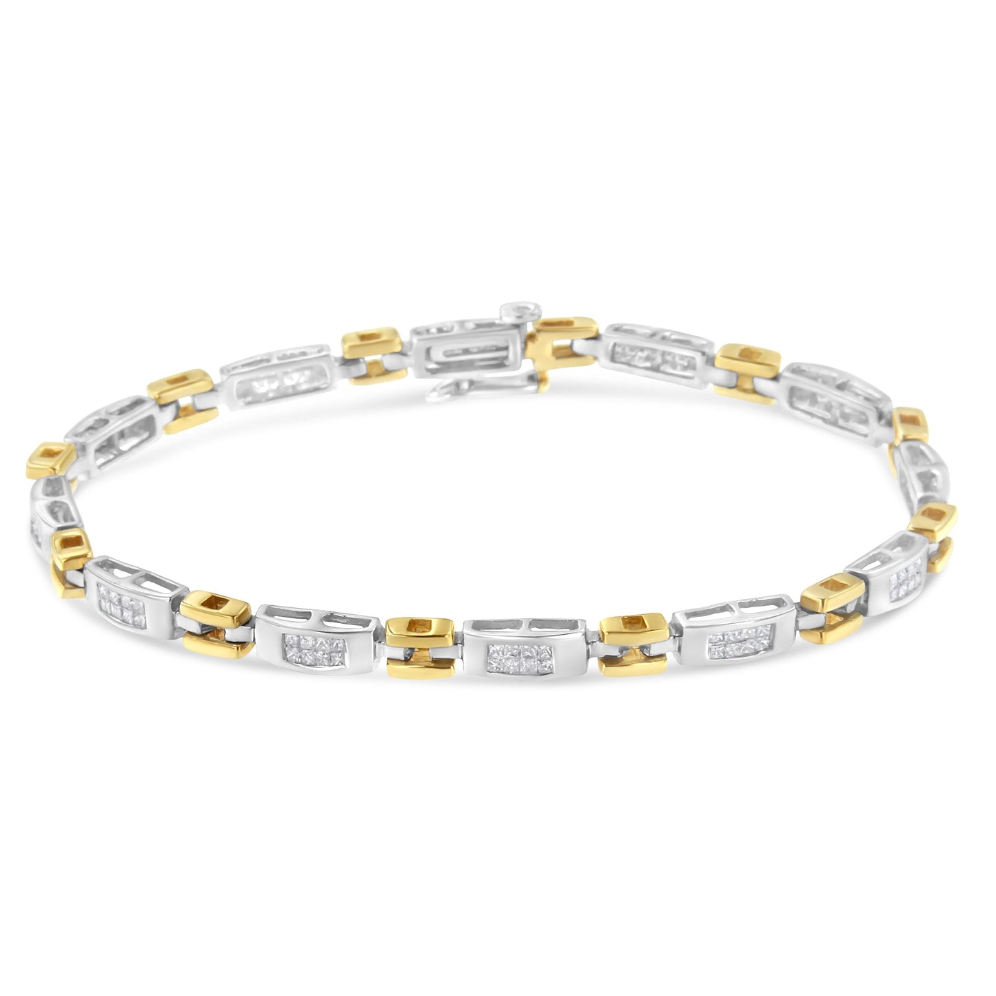 Pulsera de eslabones geométricos de diamantes de corte princesa de oro bicolor de 10K