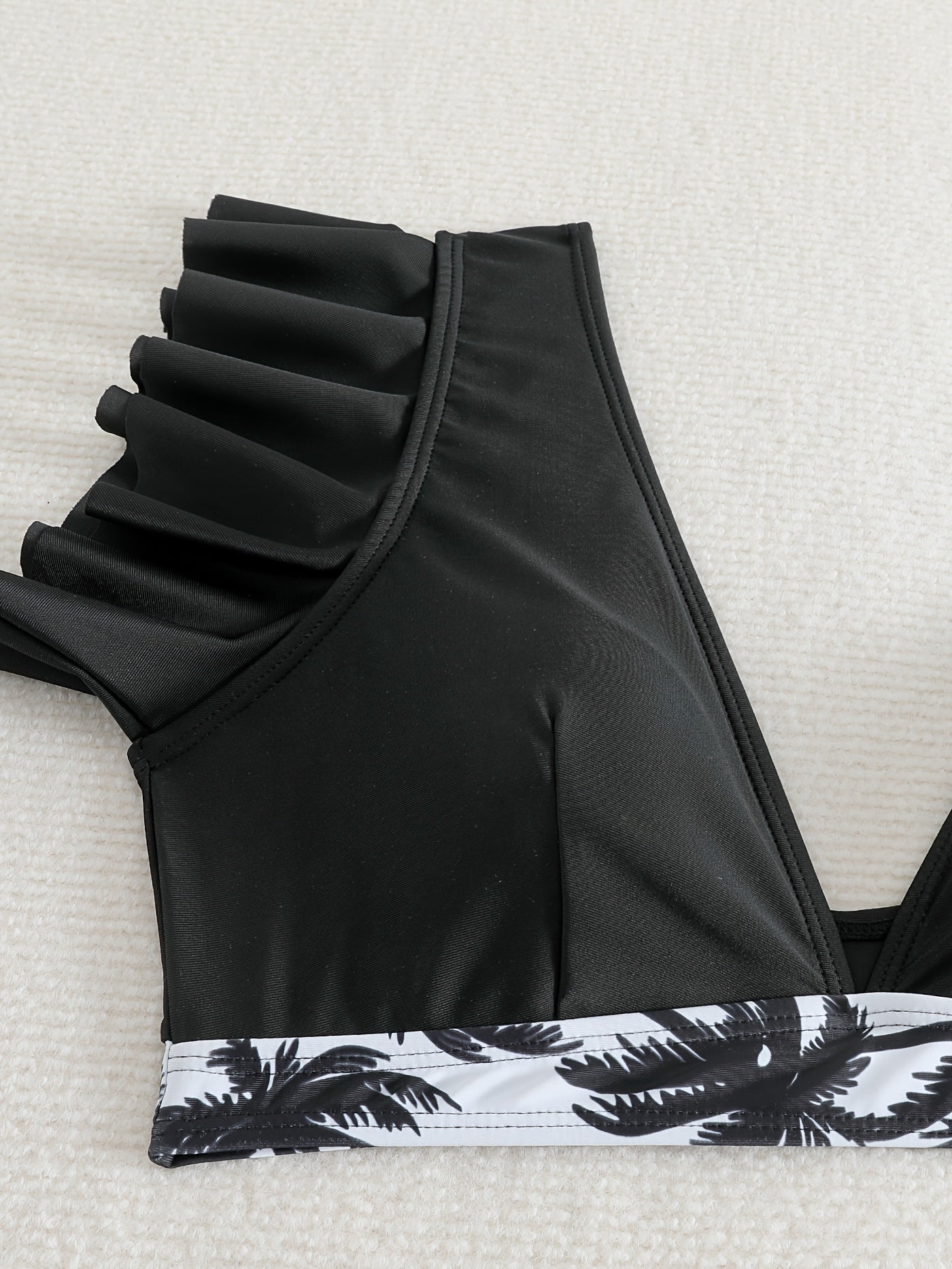Elegant Black Ruffle V Neck High Waisted Bikini Set