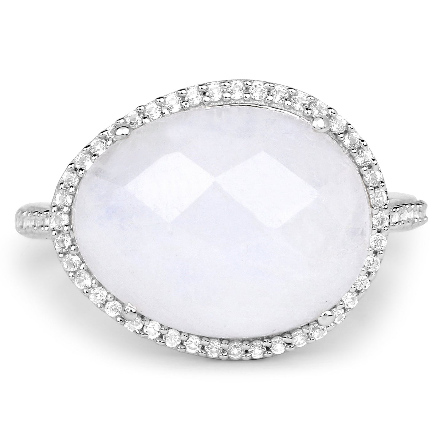 Anillo de 7.33 quilates de auténtica piedra lunar blanca arcoíris y topacio blanco