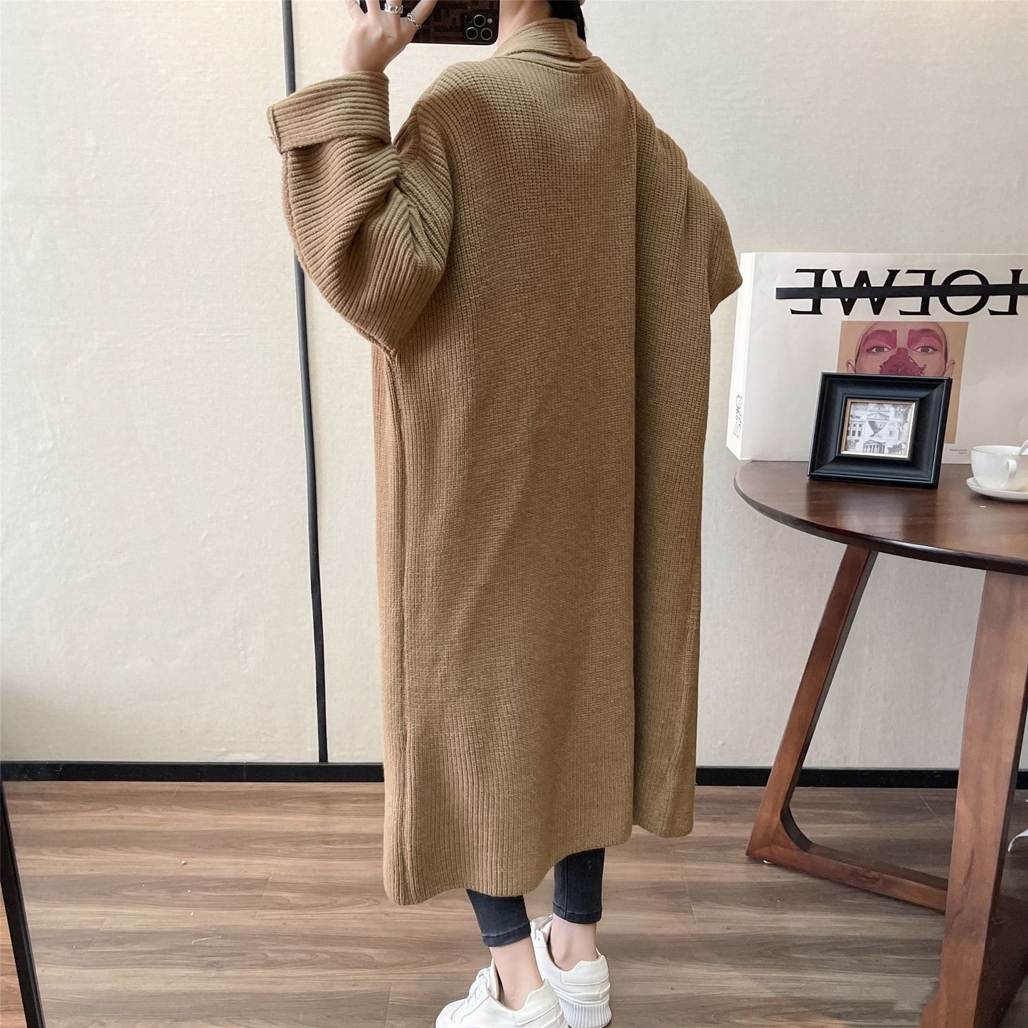 Manteau en Tricot Mi-Long à Couleur Unie pour Femmes