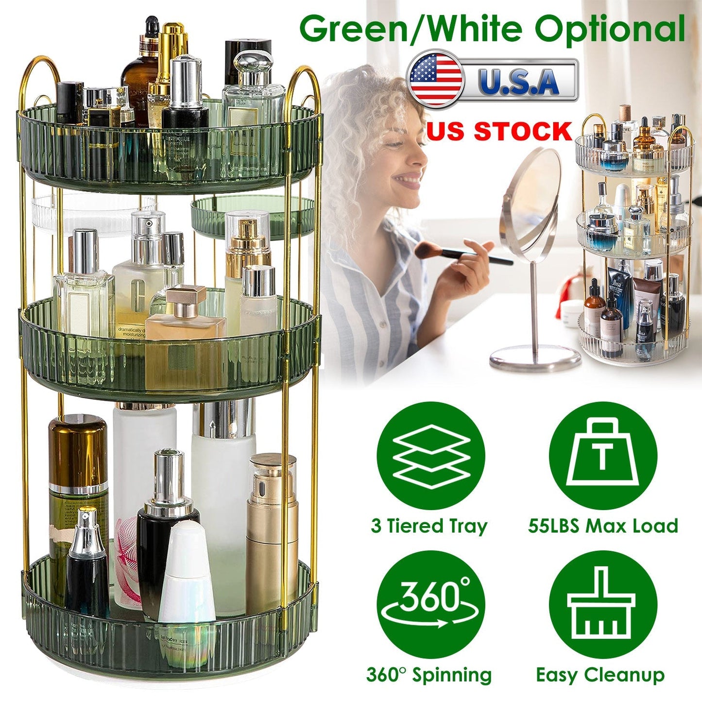 3 Tier Rotating Makeup Organizer - 360° Spinning Storage Tray