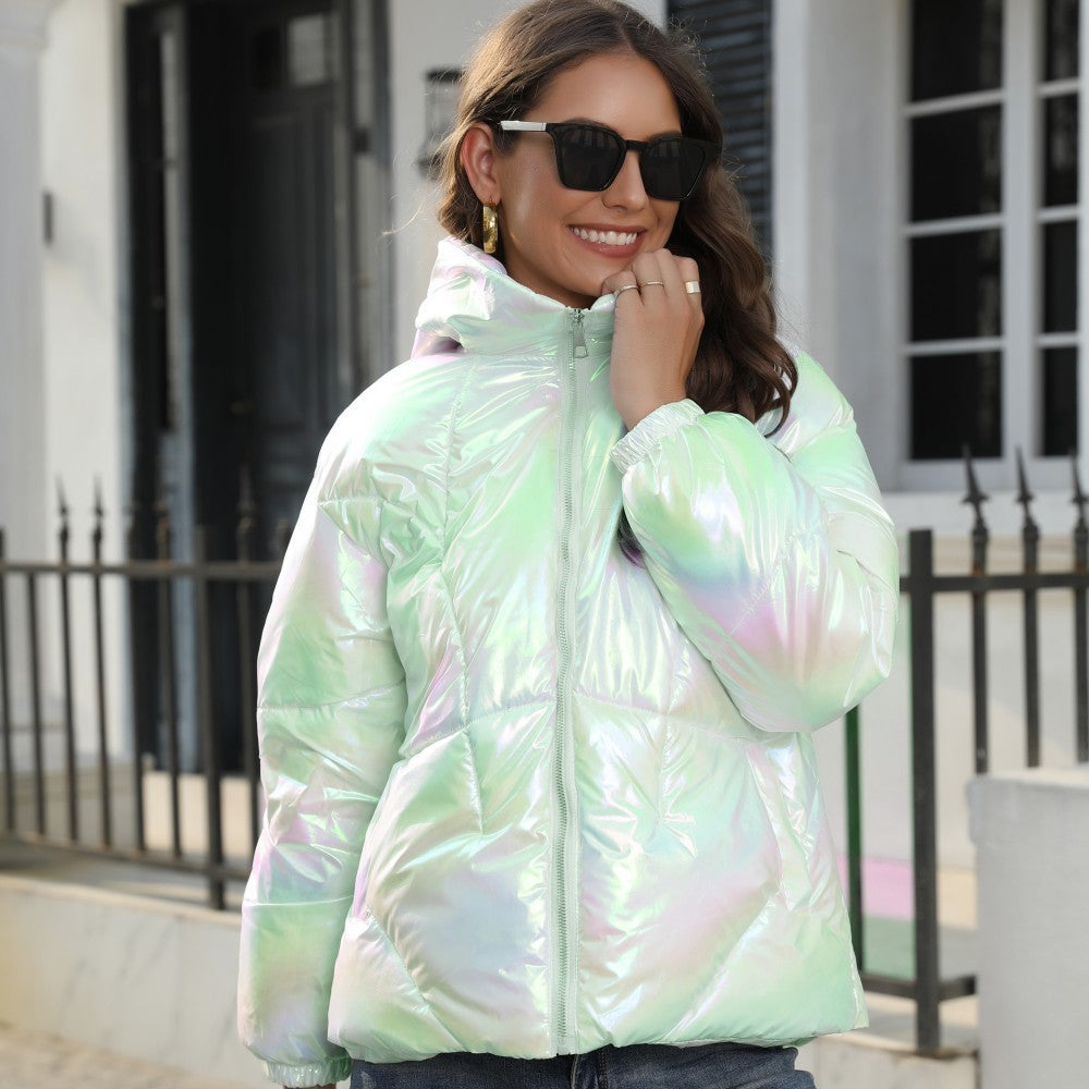 Shiny Surface Cotton Hooded Puffer Jacket