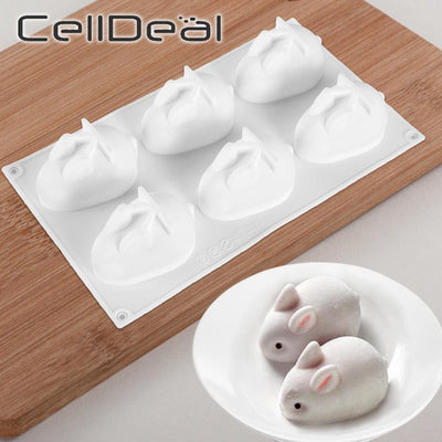 3D Rabbit Shape Silicone Cake Mold - 6-Cavity Bakeware