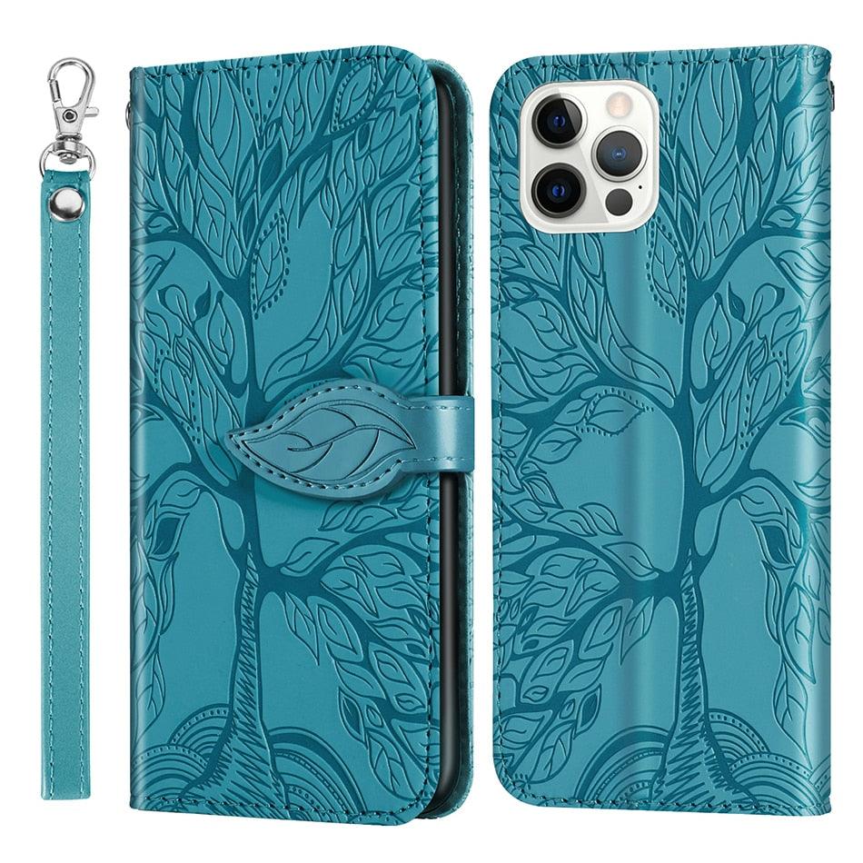 Coque en cuir flip 3D Tree pour iPhone 13/12 Mini