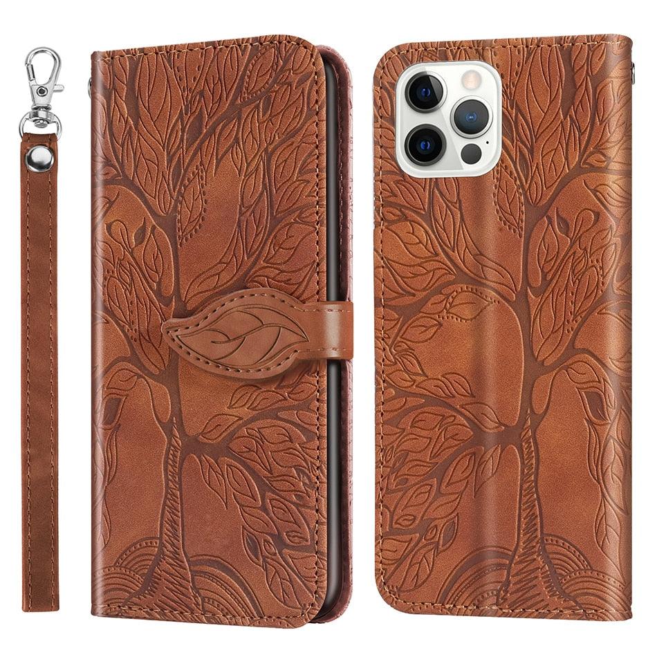 Coque en cuir flip 3D Tree pour iPhone 13/12 Mini