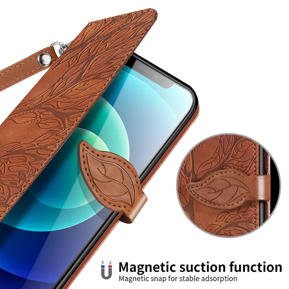 Coque en cuir flip 3D Tree pour iPhone 13/12 Mini