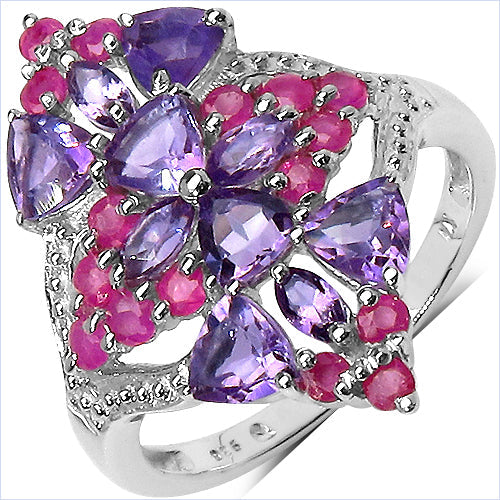 Bague de fiançailles en argent sterling avec améthyste et rubis de 2,58 carats