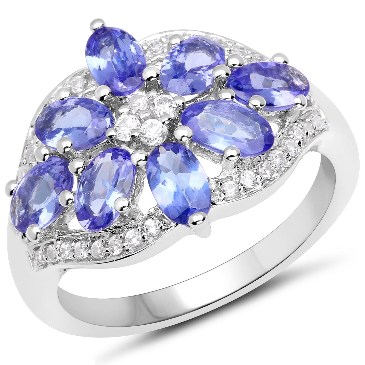 Bague en argent sterling avec tanzanite véritable de 2,27 carats et zircon blanc