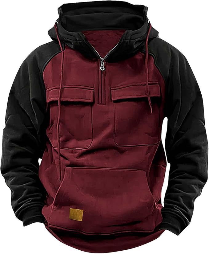 Men's Retro Cargo Hoodie with Half Zipper and Pockets