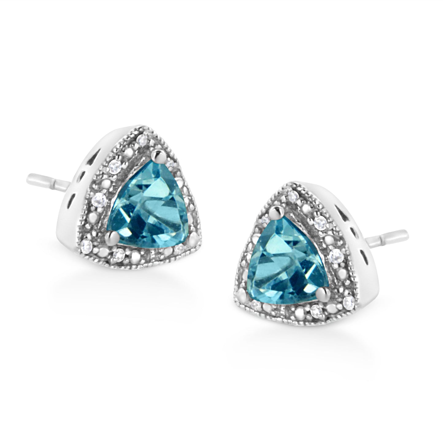 Boucles d'oreilles en argent sterling .925 avec topaze bleue taille trillion et accents en diamant
