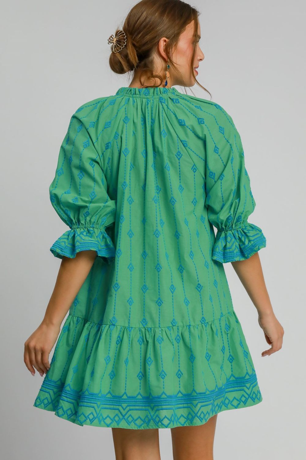 Plus Size Tassel Embroidered Sleeve Mini Dress in Green