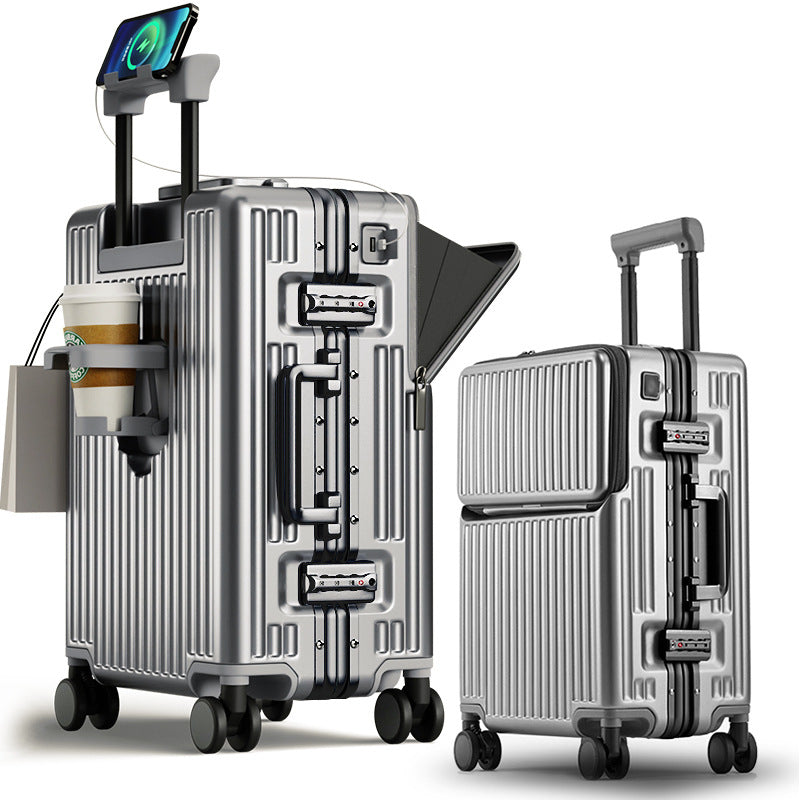 Premium Front-Opening Checked Suitcase with Aluminum Frame