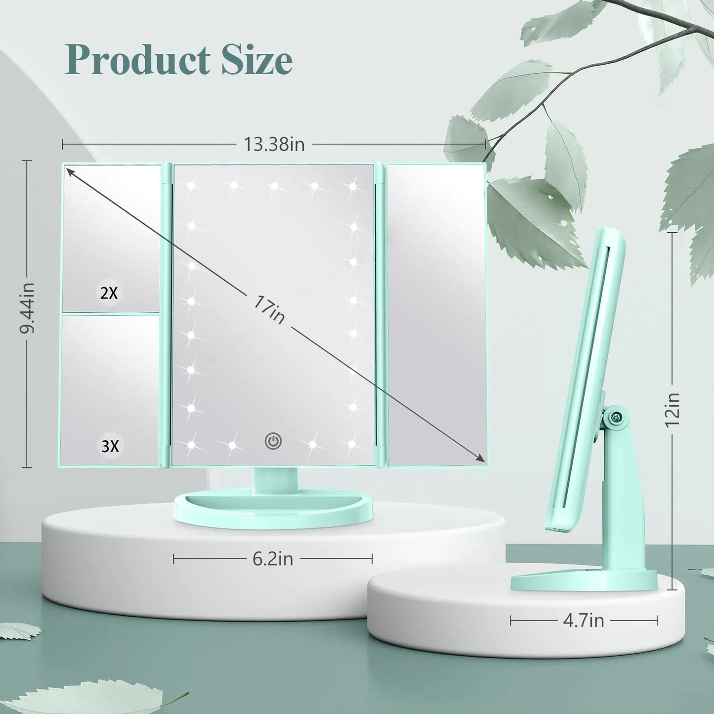 Espejo de Maquillaje Iluminado HUONUL con 2X, 3X, 10X de Magnificación - Verde